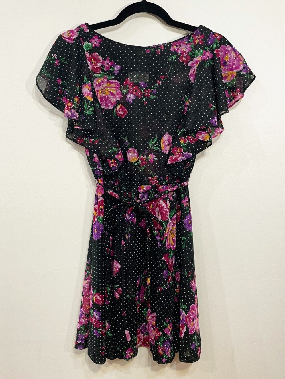 Vintage Floral Polka Dot Chiffon Ruffle Mini Dress Black Purple XS fit
